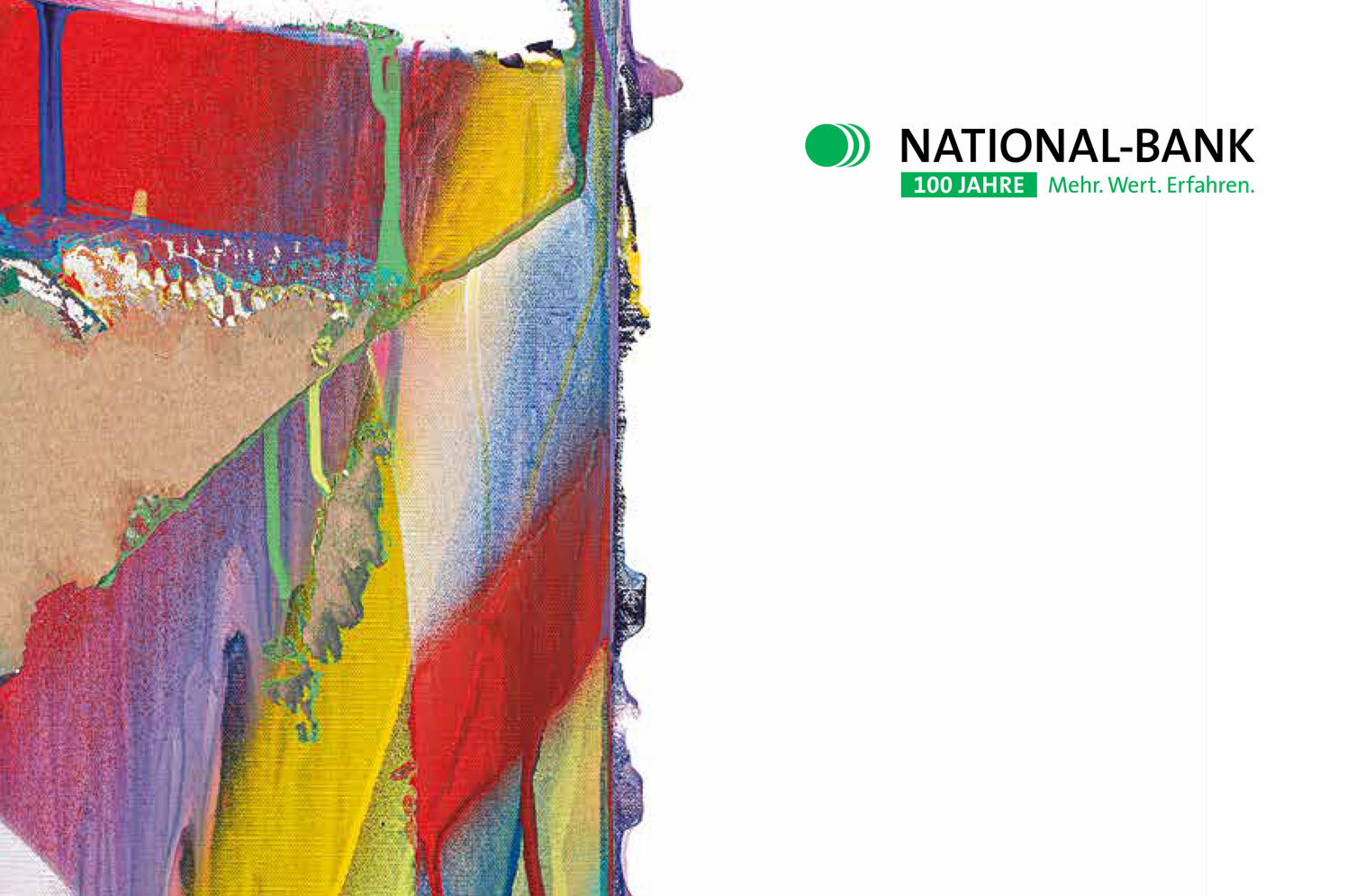 Titelbild Geschaeftsbericht 2020, Ausschnitt des Kunstwerks "o.T." von Katharina Grosse, 2017 und Logo der National-Bank