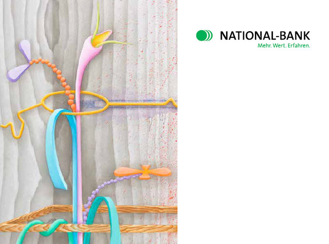 Titelbild Geschaeftsbericht 2023, Ausschnitt des Kunstwerk "Uplifting moment" von David Czupryn, 2016 und Logo der National-Bank