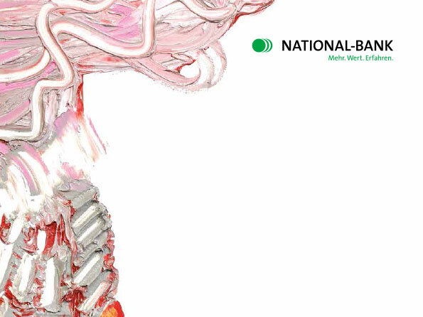 Titelbild Geschaeftsbericht 2018, Ausschnitt des Kunstwerk "Aquila" von Pia Fries, 2012 und Logo der National-Bank