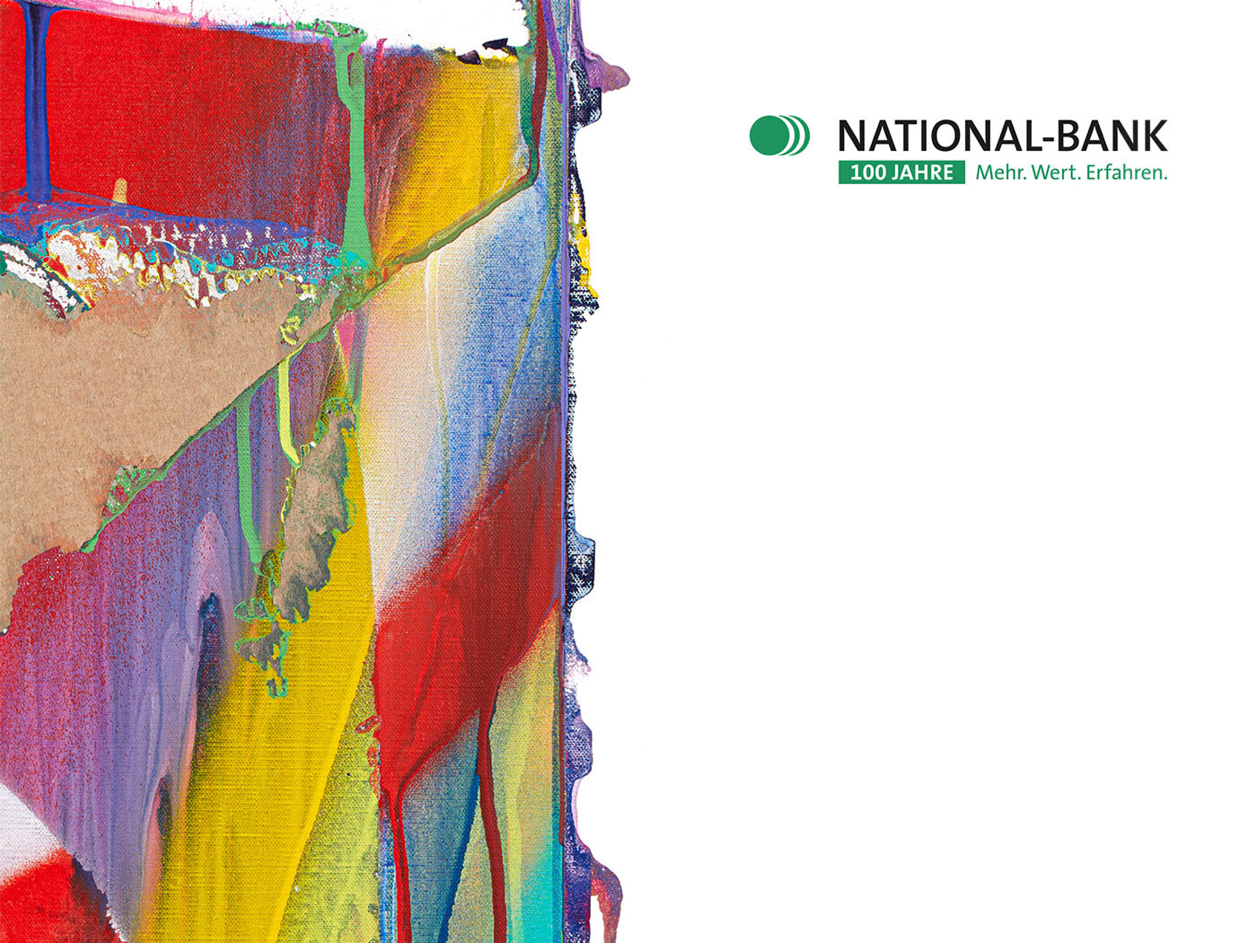Titelbild Geschaeftsbericht 2020, Ausschnitt des Kunstwerks "o.T." von Katharina Grosse, 2017 und Logo der National-Bank