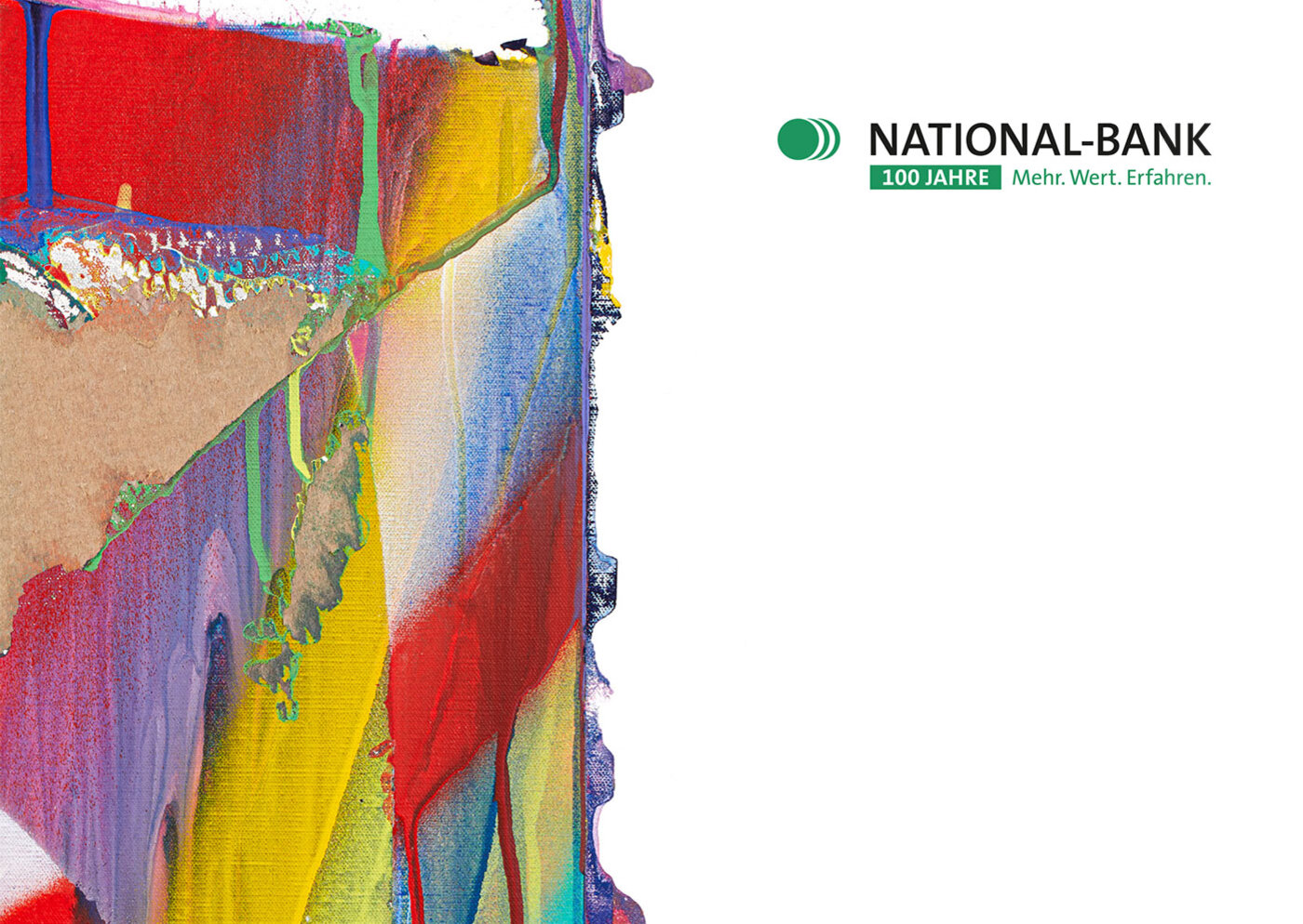 Titelbild Geschaeftsbericht 2020, Ausschnitt des Kunstwerks "o.T." von Katharina Grosse, 2017 und Logo der National-Bank