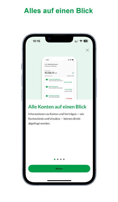 Mobiltelefon zeigt Screebshot der NB App mit Uebersichtsseite der Konten