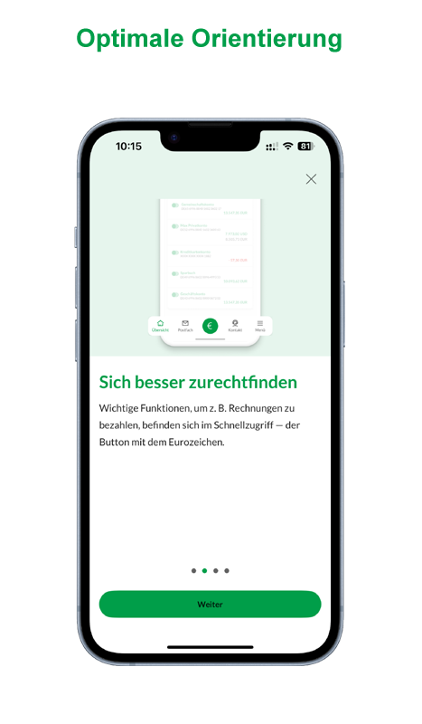 Mobiltelefon zeigt Screenshot der NB App mit Erklaerung der Euro-Schaltflaeche