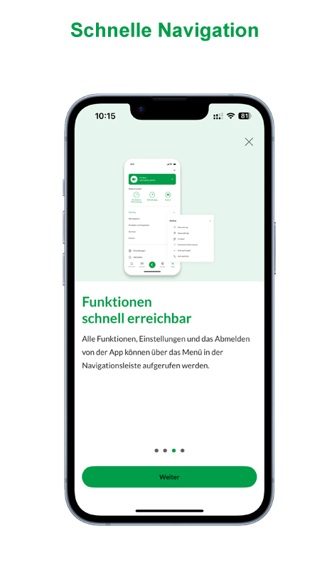 Mobiltelefon zeigt Screenshot der NB App mit Erklaerung der Navigationsleiste