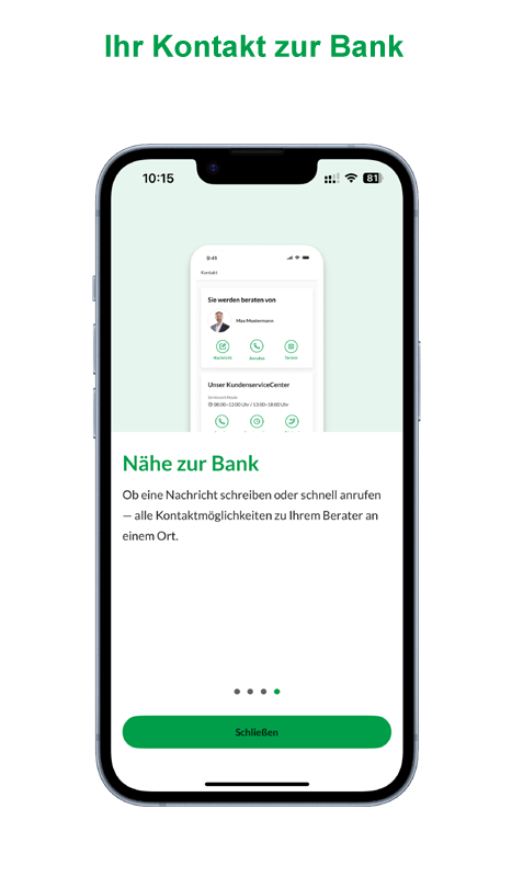 Mobiltelefon zeigt NB App Screenshot mit Uebersichtsseite der Kontaktmoeglichkeiten