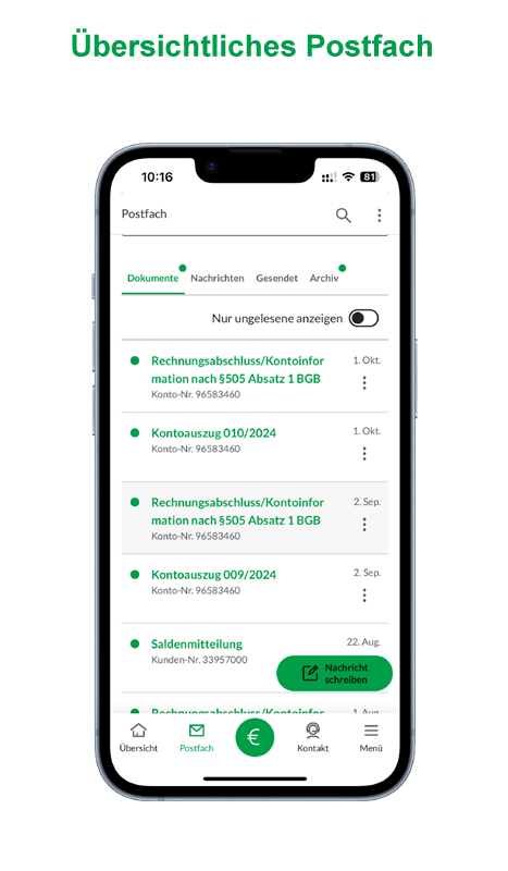 Mobiltelefon zeigt Screenshot der NB App mit E-Postfach