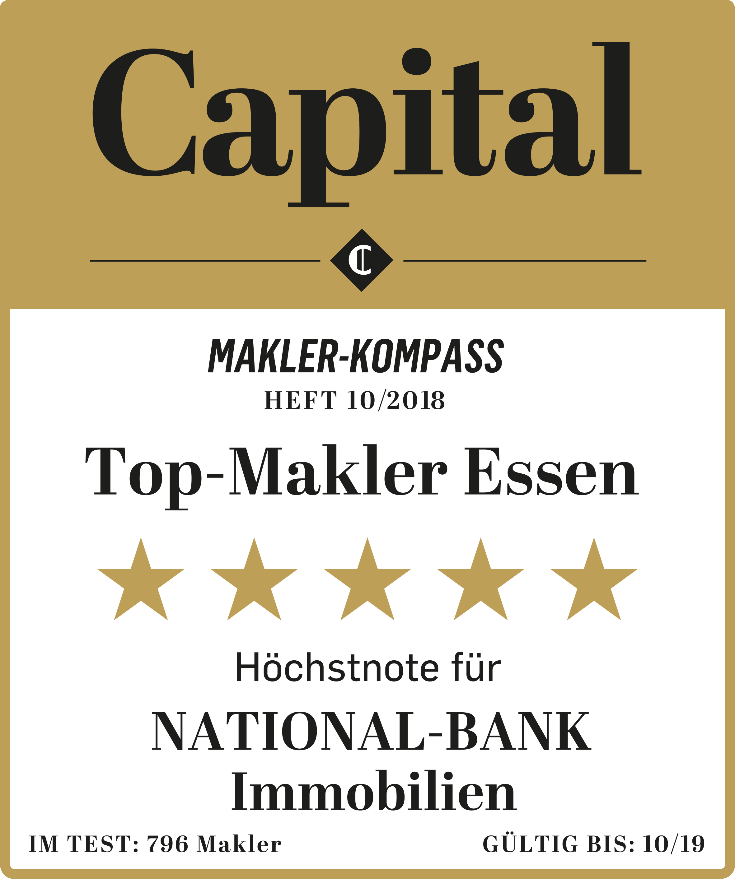 Zertifikat Capital "Makler-Kompass, Heft 10/2018 Top-Makler Essen" Fuenf Sterne Text: "Hoechstnote für National-Bank Immobilien, Quelle: HB Institut. Im Test: 796 Makler Gueltig bis: 10/19"