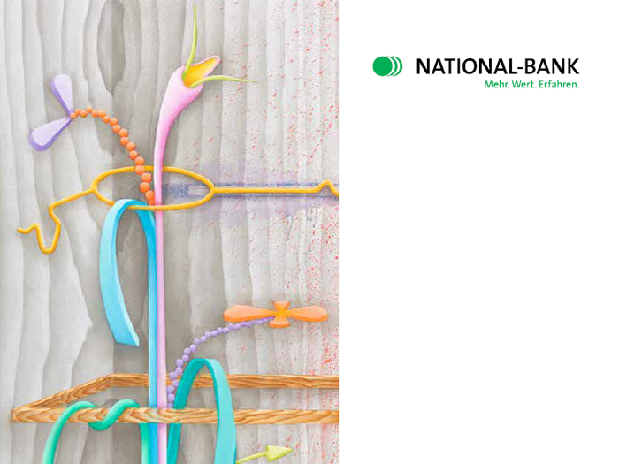 Titelbild Geschaeftsbericht 2023, Ausschnitt des Kunstwerk "Uplifting moment" von David Czupryn, 2016 und Logo der National-Bank