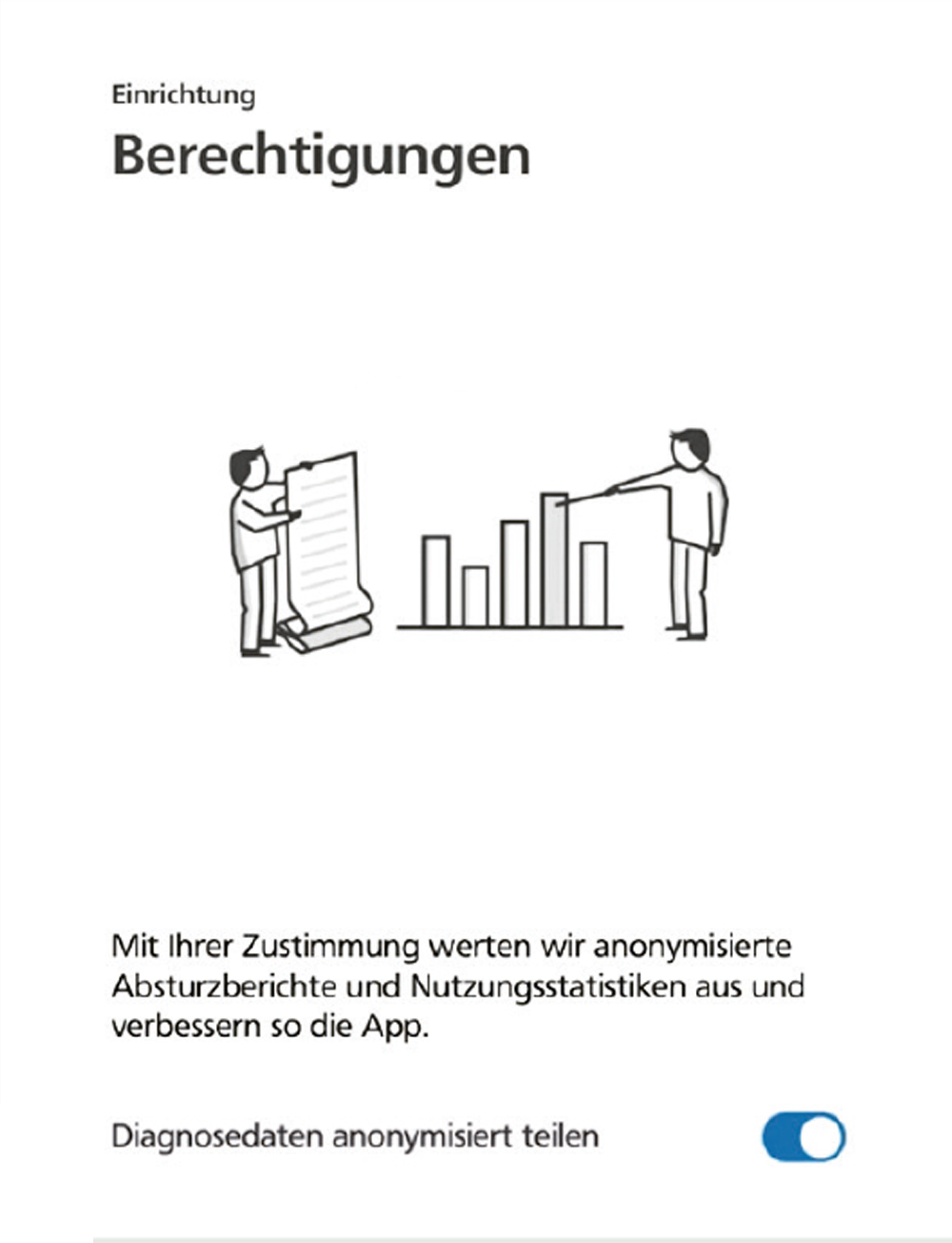 Screenshot aus der SecureGo plus App, stilisierte Figuren mit vergroeßerten Analysen auf Papier und Diagramm. Schalter für das Teilen anonymisierter Diagnosedaten