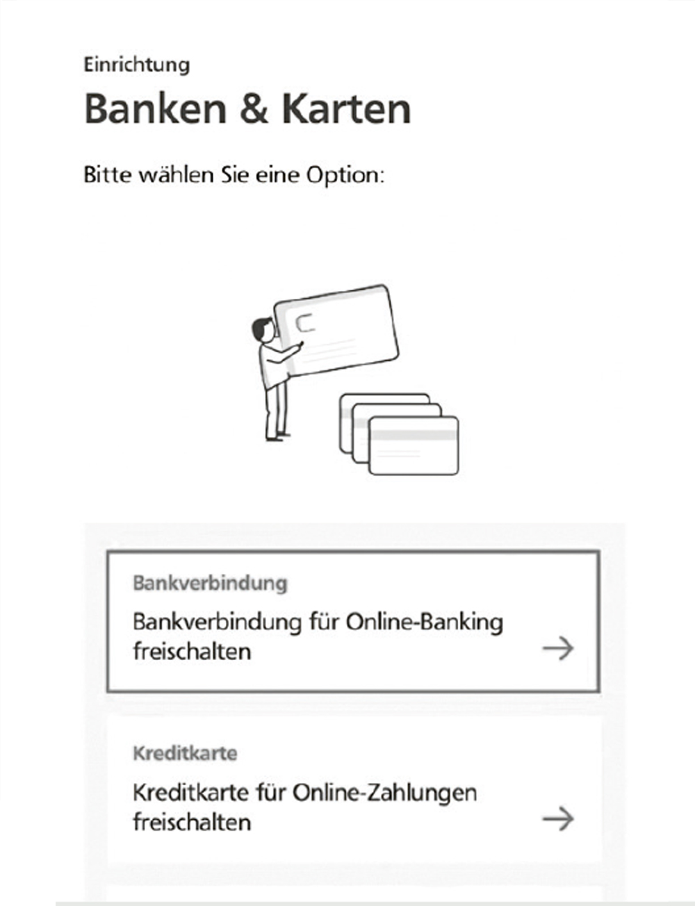 Screenshot aus der SecureGo plus App, Stilisierte Person traegt vergroeßerte Kontokarten, Einrichtung der Bankverbindung mit vorliegendem Aktivierungscode