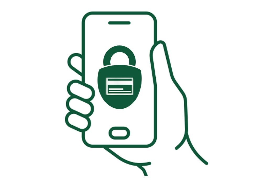 Piktogramm zeigt Hand, die ein Mobiltelefon haelt, auf dessen Bildschirm ein geschlossendes Schloss angezeigt wird