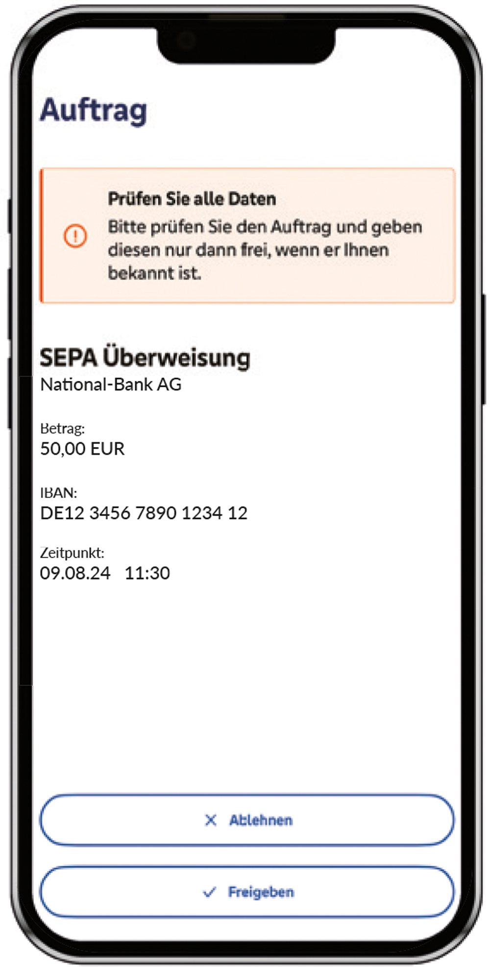 Screenshot aus der SecureGo plus App, Anzeige der Auftragspruefung mit beispielhaften Daten einer Ueberweisung und Schaltflaechen für Ablehnen und Freigeben
