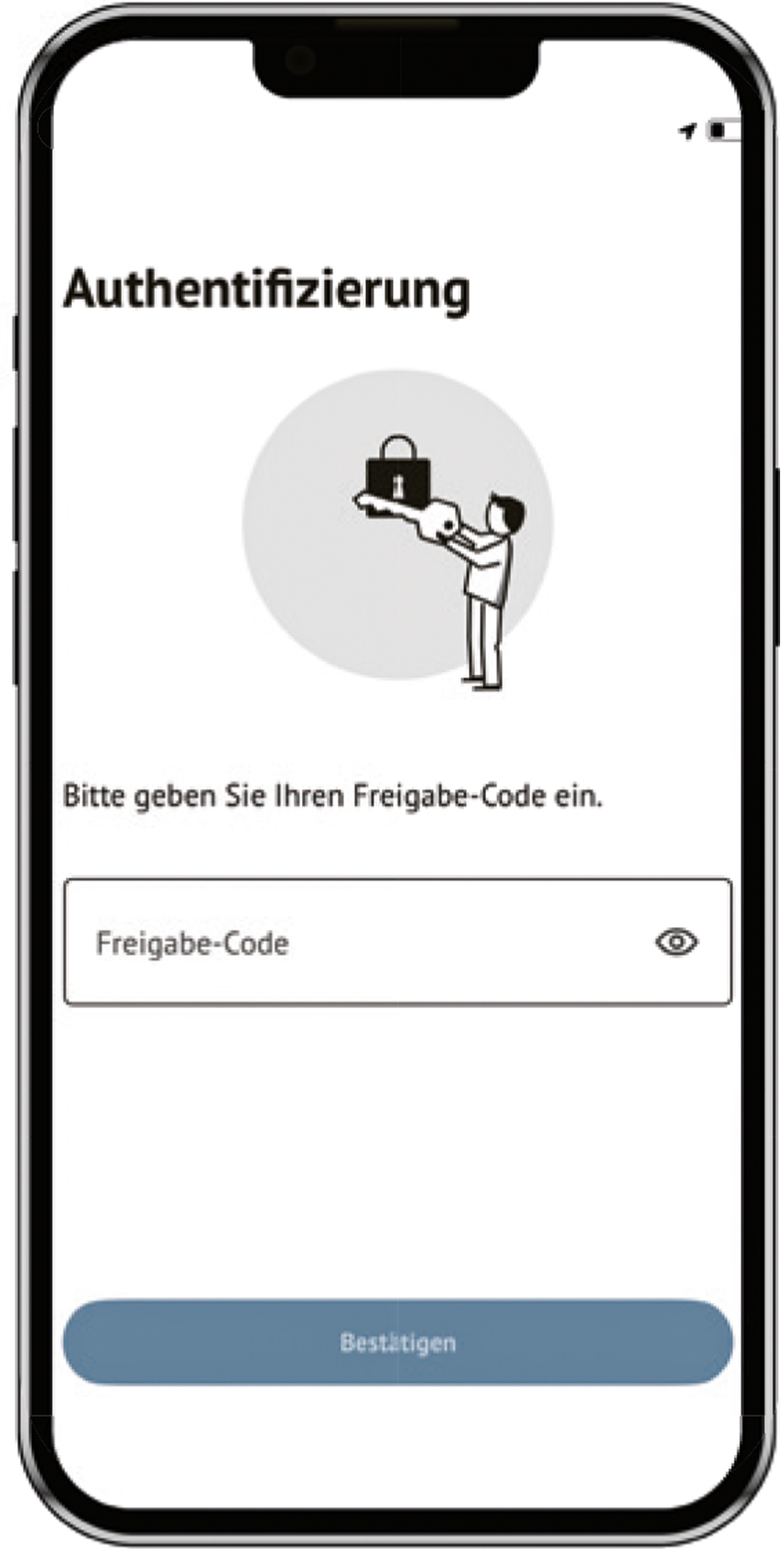 Screenshot aus der SecureGo plus App,stilisierte Person traegt Schloss mit Schluessel. Aufforderung zur Eingabe des Freigabe-Codes mit Eingabefeld