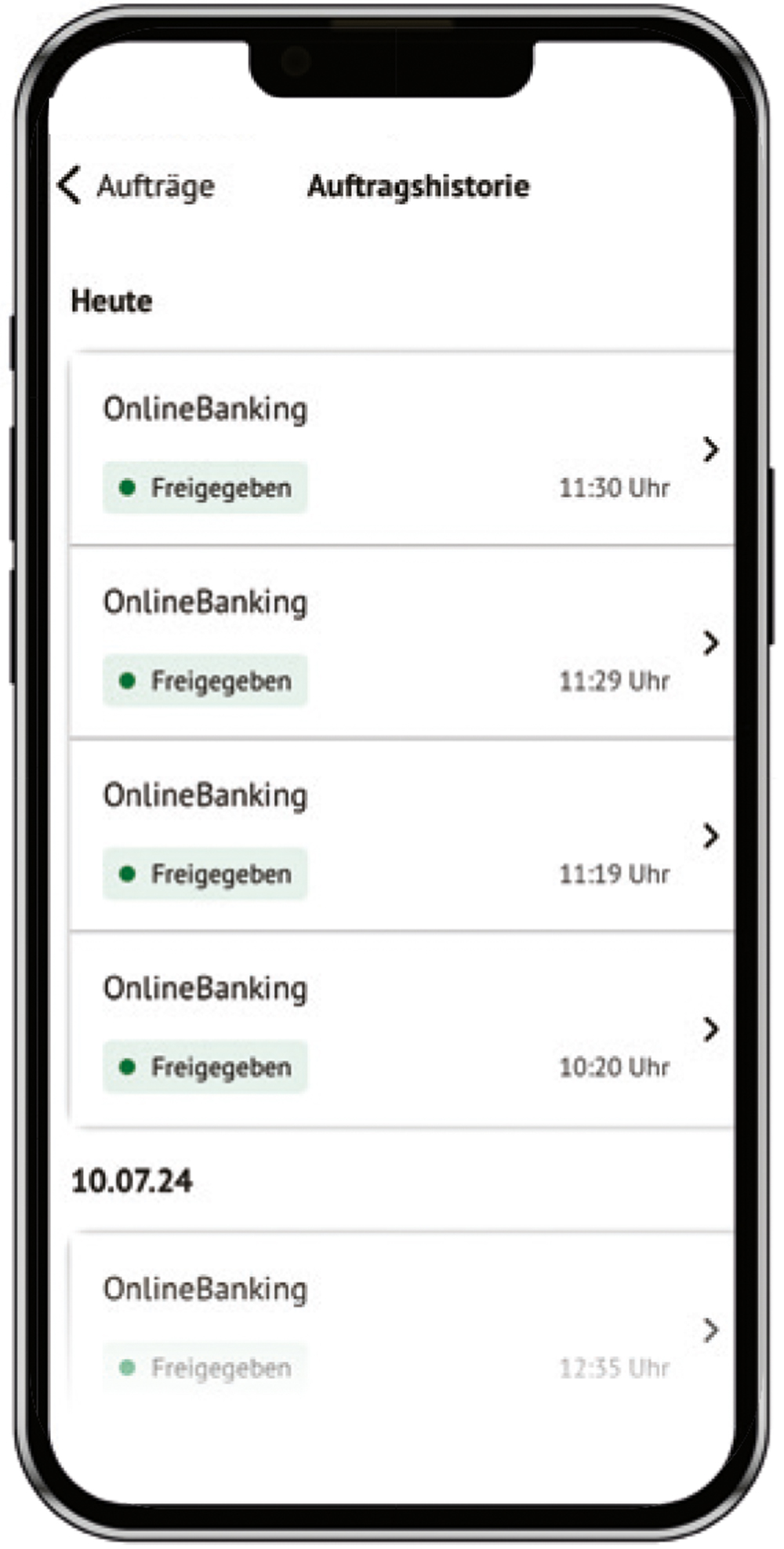 Screenshot aus der SecureGo plus App, Auftragshistorie
